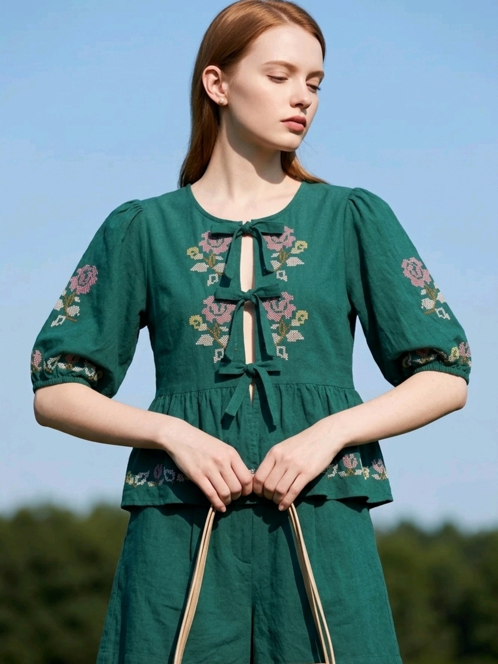 MABLE  Green Embroidered Peplum Tie-Front Top Peplum Boho Top Large